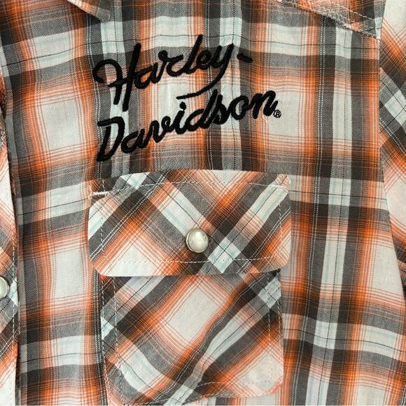 Harley Davidson Back Embroidered Orange & Black Plaid Button Down - Picture 3 of 5